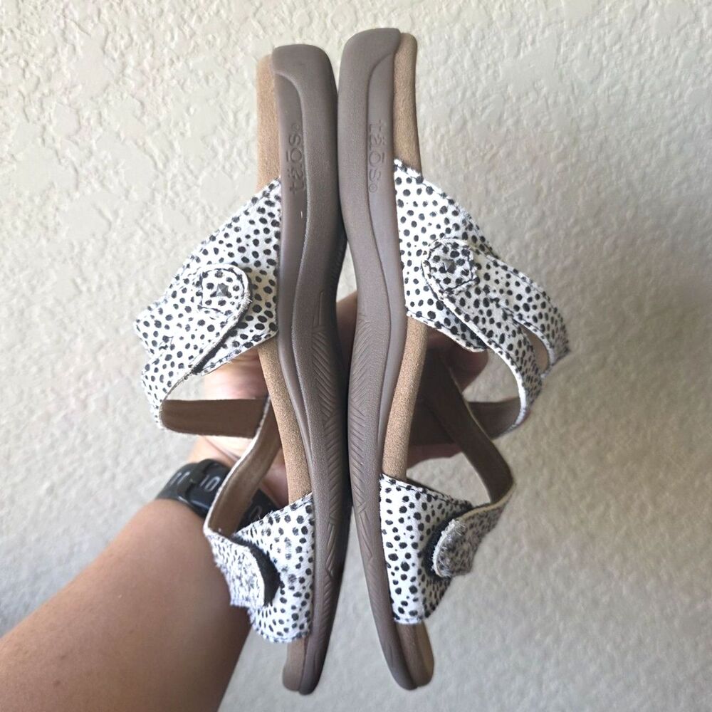 Taos Women's US 8 Leather Adjustable Slide Sandals Calfhair White Polka Dot - Picture 2 of 6